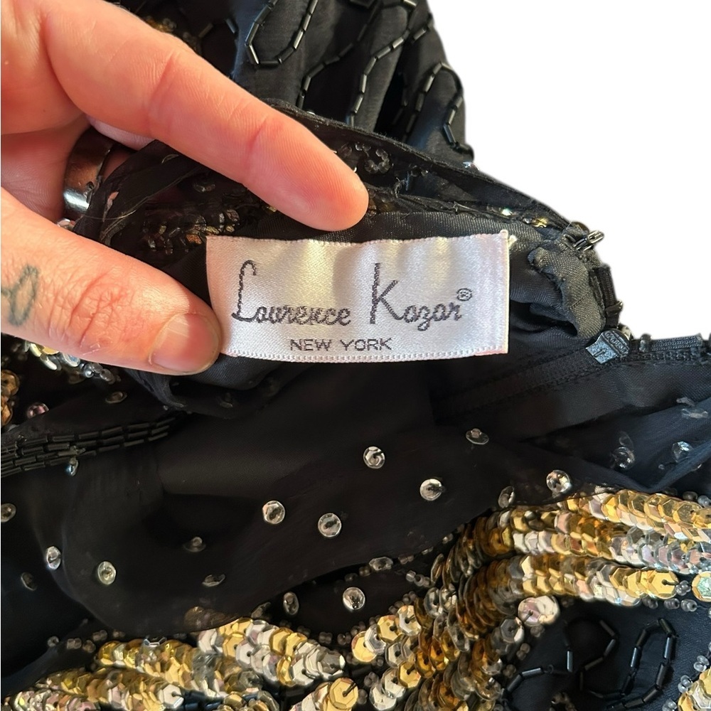 Vintage 80s Laurence Kazar Cocktail Party Black Gold Sequined Beaded Silk Dress - Picture 6 of 7